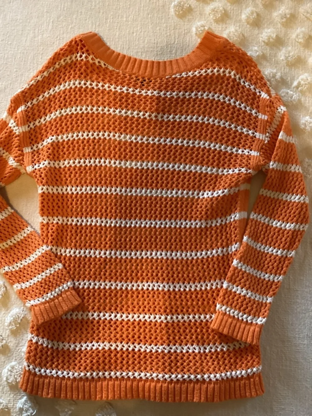 Talbots Women Orange/White Stripe Open Weave Chunky Knit V-Neck Sweater LP E1